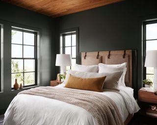 dark green bedroom with large bed