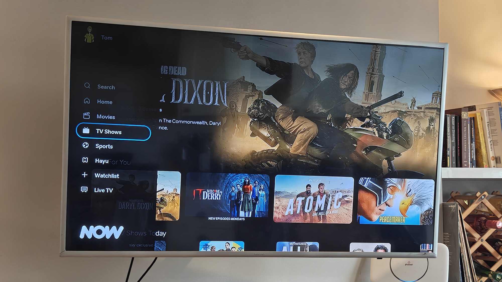 The home page of Now TV, showing a banner for Daryl Dixon.