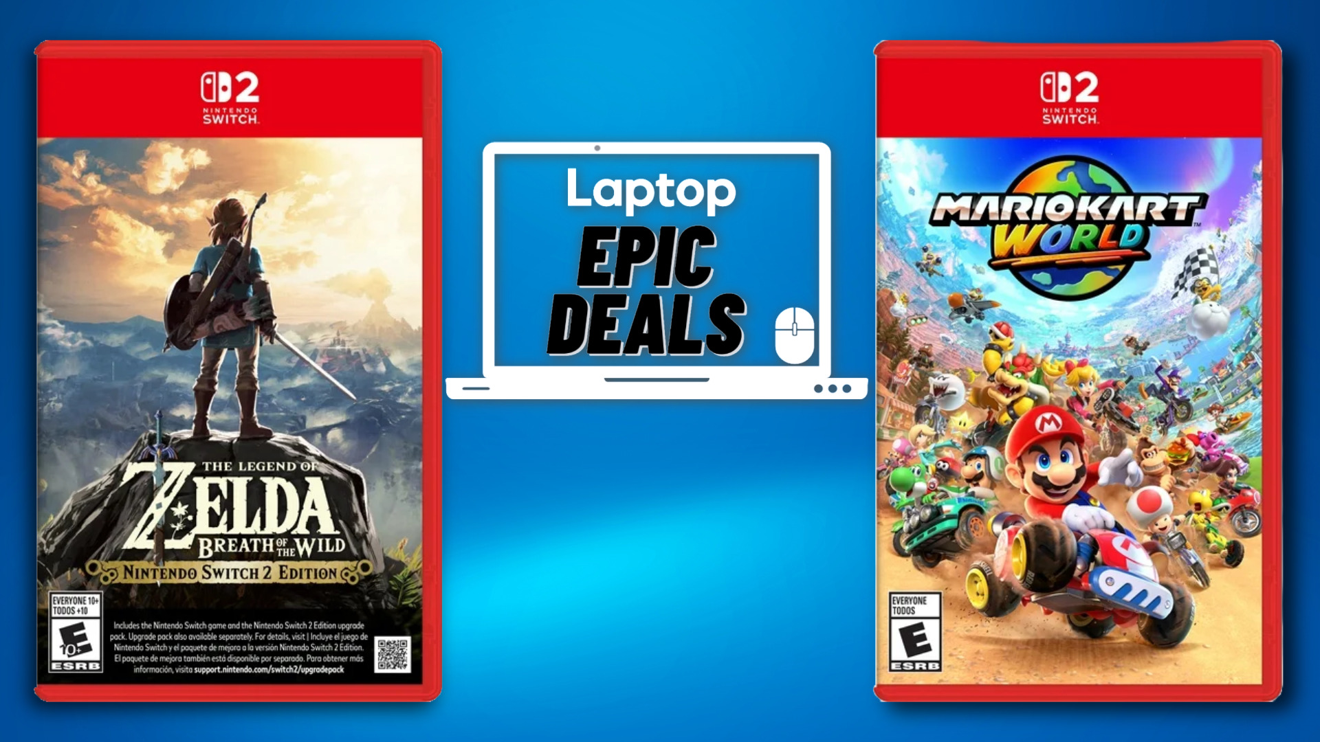 The cases for The Legend of Zelda: Breath of the Wild and Mario Kart World in front of a blue background with a Laptop Mag deals icon