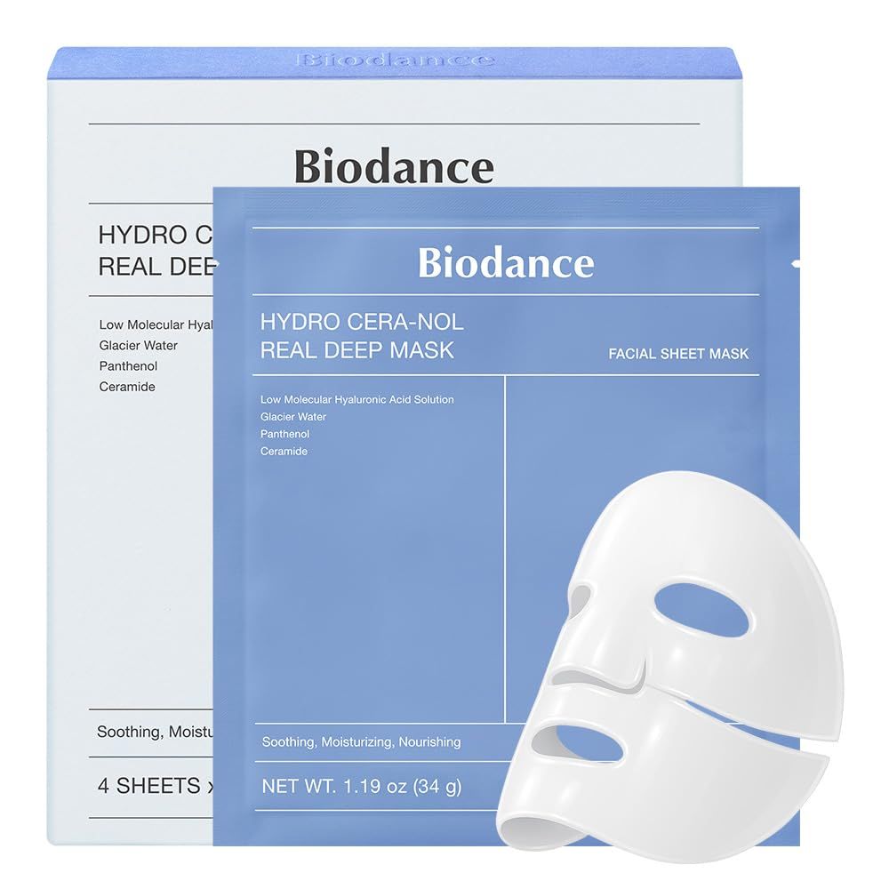 BIODANCE, Biodance Hydro Cera-Nol Real Deep Mask, Overnight Hydrogel Mask, Hydrating Facial Mask for Sensitive Skin, Redness Reducing & Quick Soothing Effect, Korean Skincare, Stocking Stuffers |1.19oz(34g)x4ea
