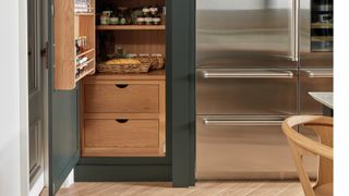 Green kitchen with built-in pantry with lower drawers