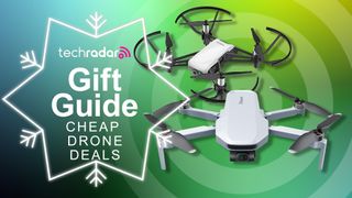 Two cheap drones on a green gift guide background