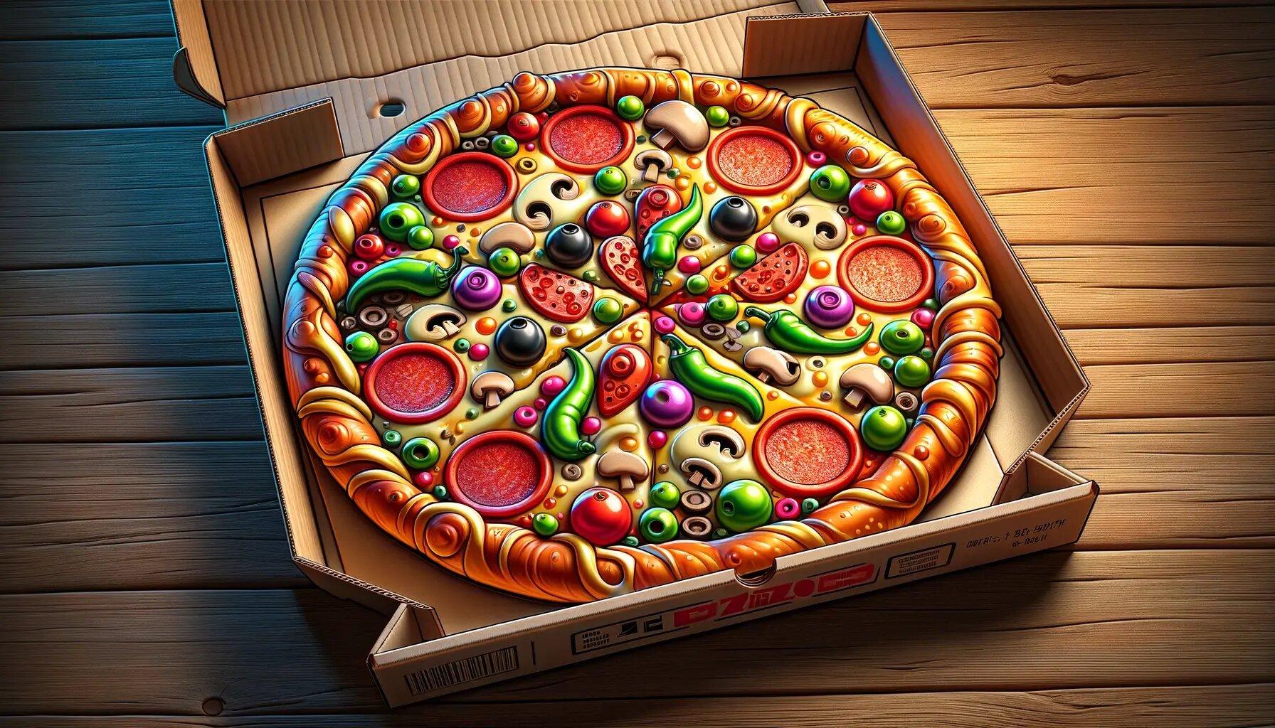  image featuring a takeaway pizza in a cardboard box. The pizza is steaming hot, with melted cheese, pepperoni, mushrooms, green peppers, and olives. The box is open, revealing the pizza inside, set on a wooden table. 