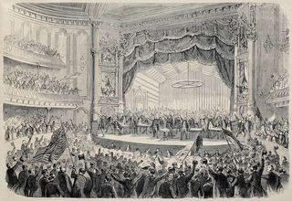 Antique illustration of presidential electoral meeting in Chicago Opera theater.