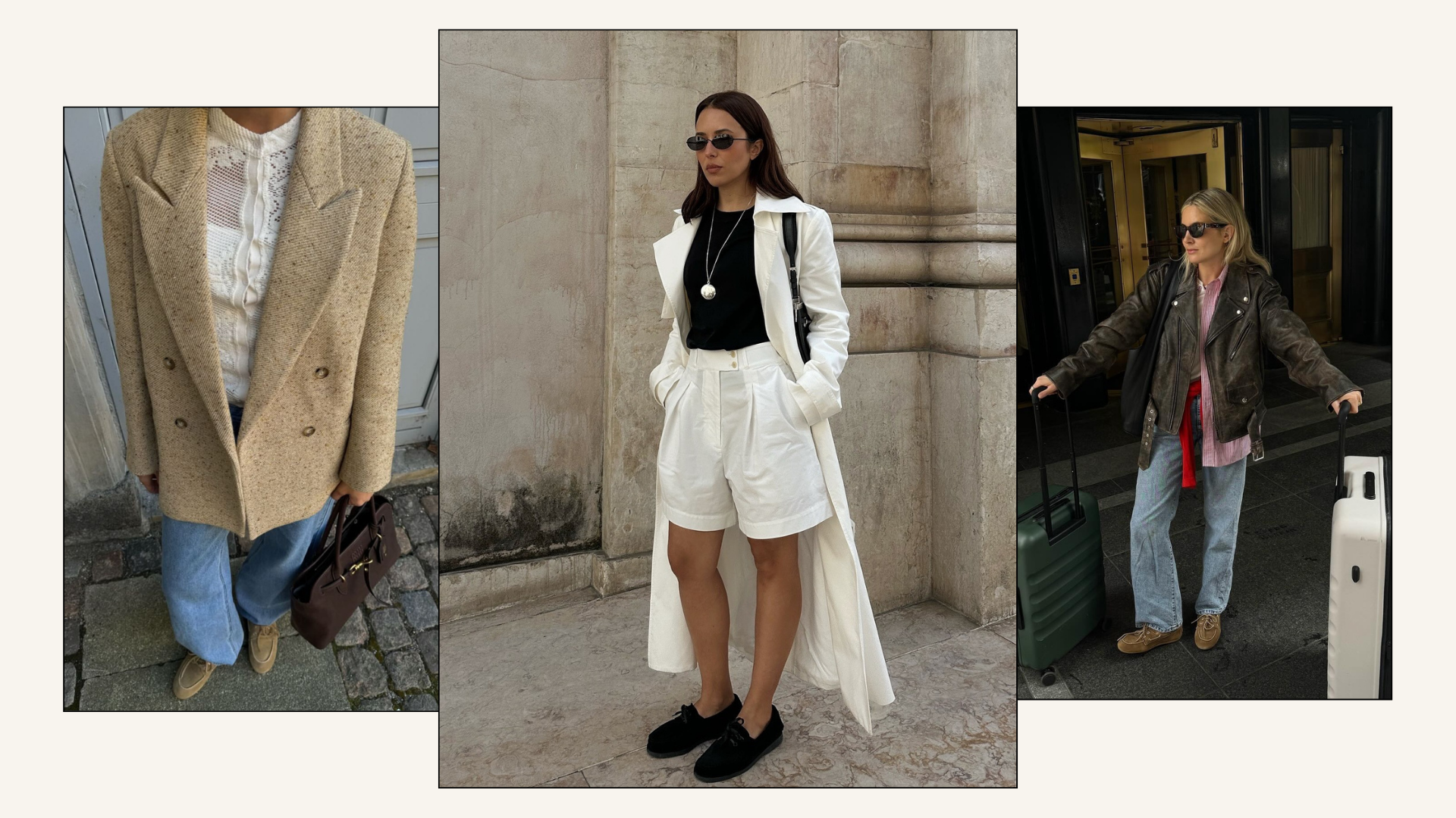 Influencers @maryljean, @deborabrosa @lucywilliams02 wear suede boat shoes with jeans and linen shorts