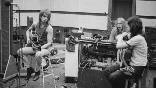 Yes’s Steve howe, Rick Wakeman and Jon Anderson in the studio in 1971