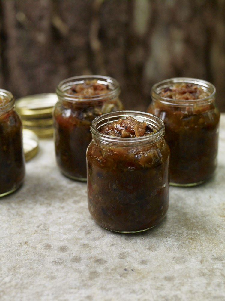 Jars of bean and apple chutney