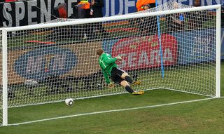 BLOEMFONTEIN, SOUTH AFRICA - JUNE 27: Manuel Neuer of Germany watches the ball bounce over the line from a shot that hit the crossbar from Frank Lampard of England, but referee Jorge Larrionda judges the ball did not cross the line during the 2010 FIFA World Cup South Africa Round of Sixteen match between Germany and England at Free State Stadium on June 27, 2010 in Bloemfontein, South Africa. (Photo by Cameron Spencer/Getty Images)