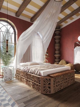 A bedroom with wooden beams and paint on the ceiling