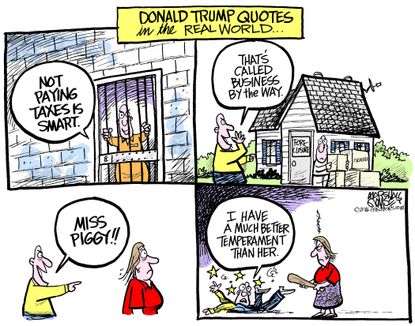 Political cartoon U.S. 2016 election Donald Trump quotes in real world