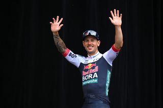 ADELAIDE AUSTRALIA JANUARY 26 Sam Welsford of Australia and Team Red Bull BORA hansgrohe celebrates at podium as stage winner during the 25th Santos Tour Down Under 2025 Stage 6 a 90km stage from Adelaide to Adelaide UCIWT on January 26 2025 in Adelaide Australia Photo by Dario BelingheriGetty Images