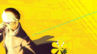 Persona 4 protagonist on a background of yellow