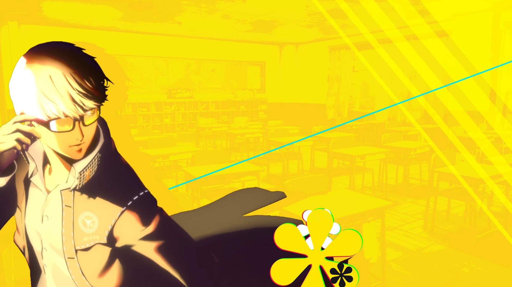 Persona 4 protagonist on a background of yellow