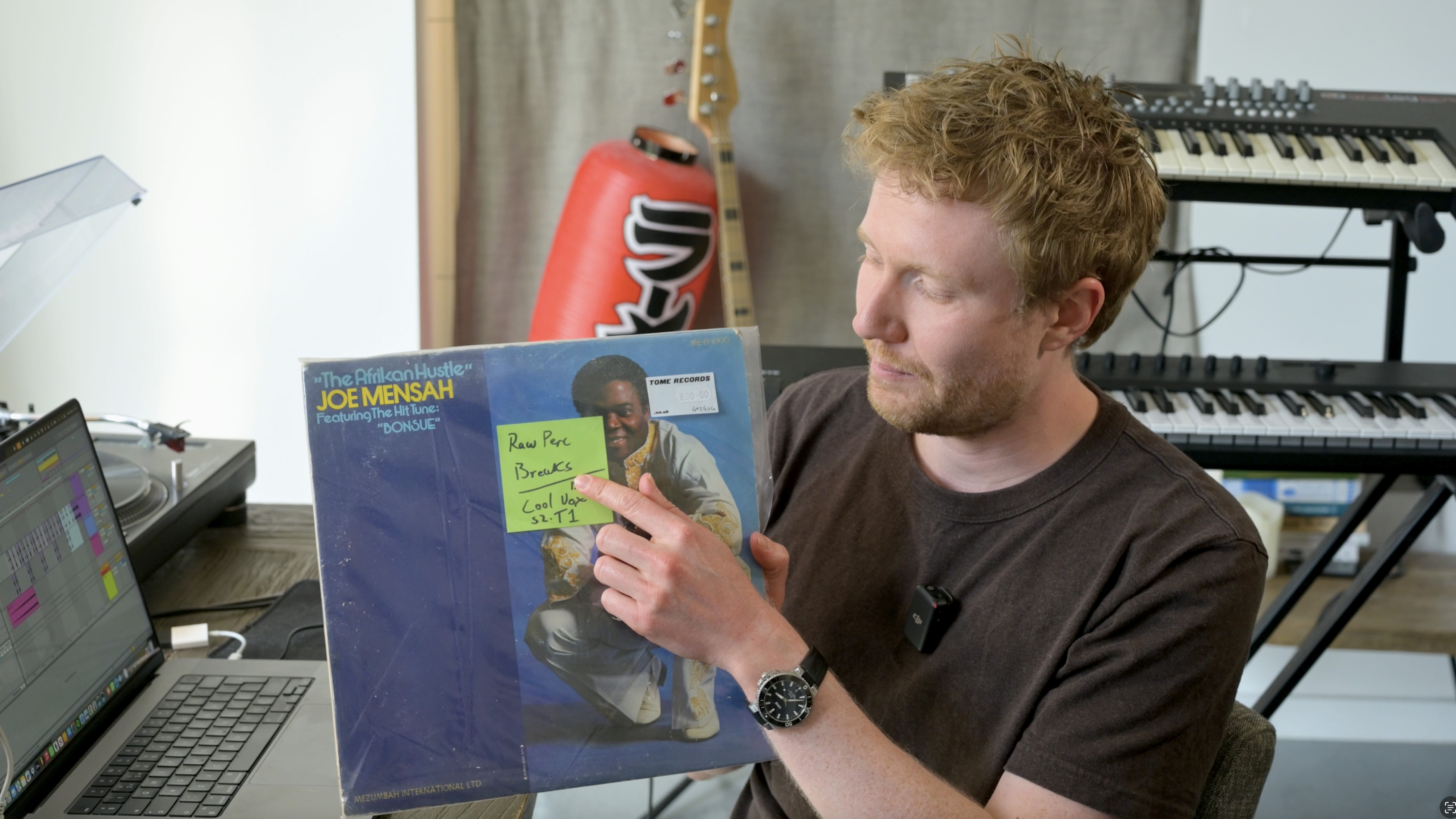 O'Flynn makes notes on vinyl records to record potential samples