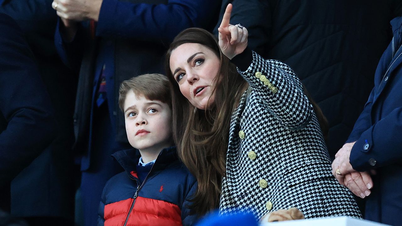 Prince George and Kate Middleton at the Guinness Six Nations Rugby match between England and Wales at Twickenham Stadium on February 26, 2022 in London, England.