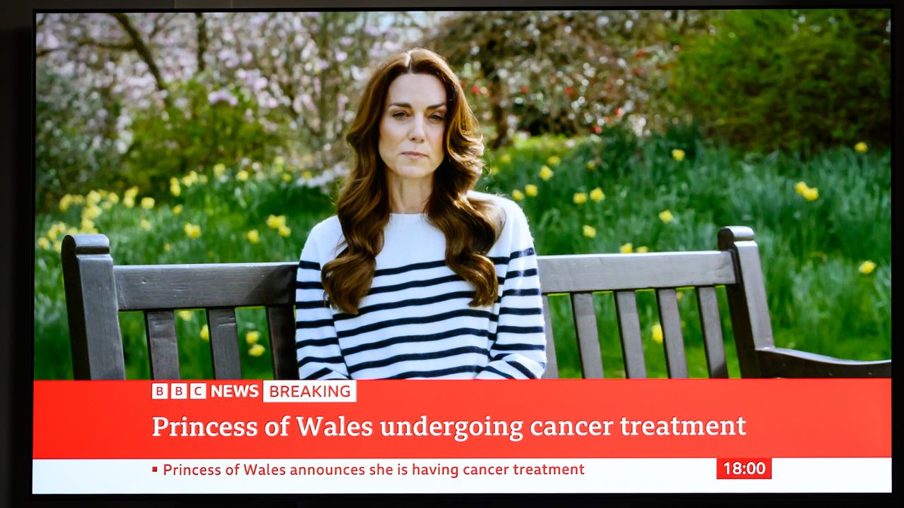 A relative of the Photographer watches television, as Catherine, The Princess of Wales announces that she is receiving a preventative course of chemotherapy for cancer on March 22, 2024 in London, England. 