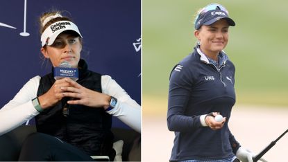 Nelly Korda speaking into a microphone and Lexi Thompson smiling on the golf course