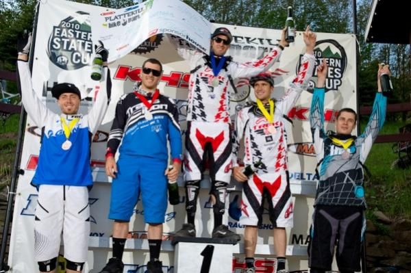 Elite men's podium in Plattekill: Duncan Riffle, Bryn Atkinson, Andrew Neethling, Justin Leov, Kieran Bennett