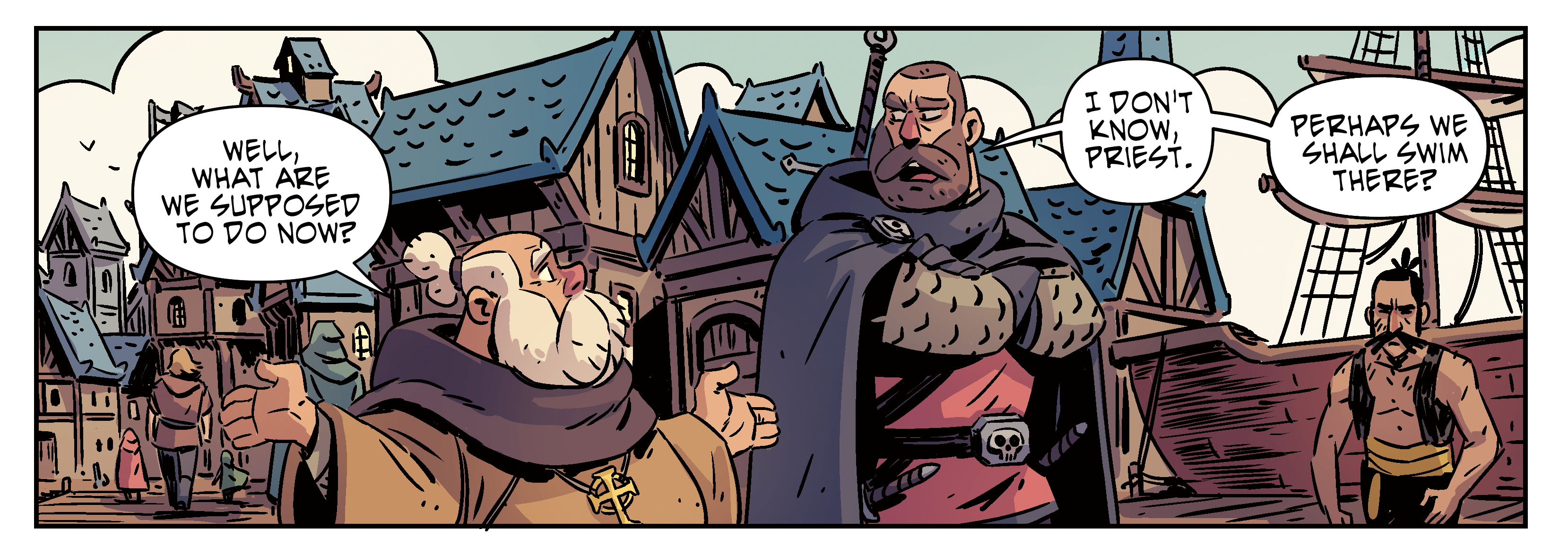 Comic art; a priest and a warrior talk in front of a house