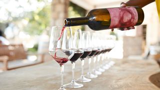 person pouring red wine into a row of wine glasses lined up