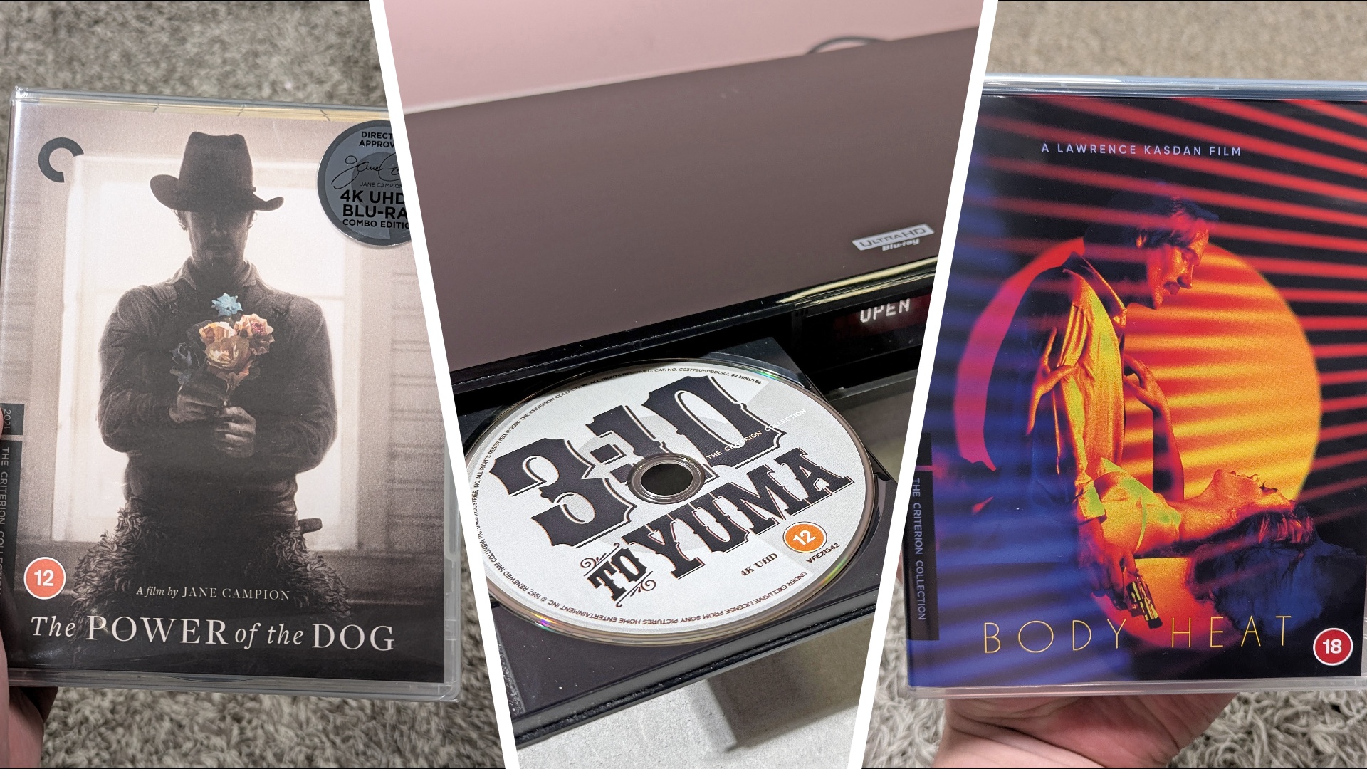 A collage image consisting of someone holding The Power of the Dog on Criterion 4K Blu-ray, Body Heat on Criterion 4K Blu-ray, and a Blu-ray player with 3:10 to Yuma Criterion 4K Blu-ray in its tray
