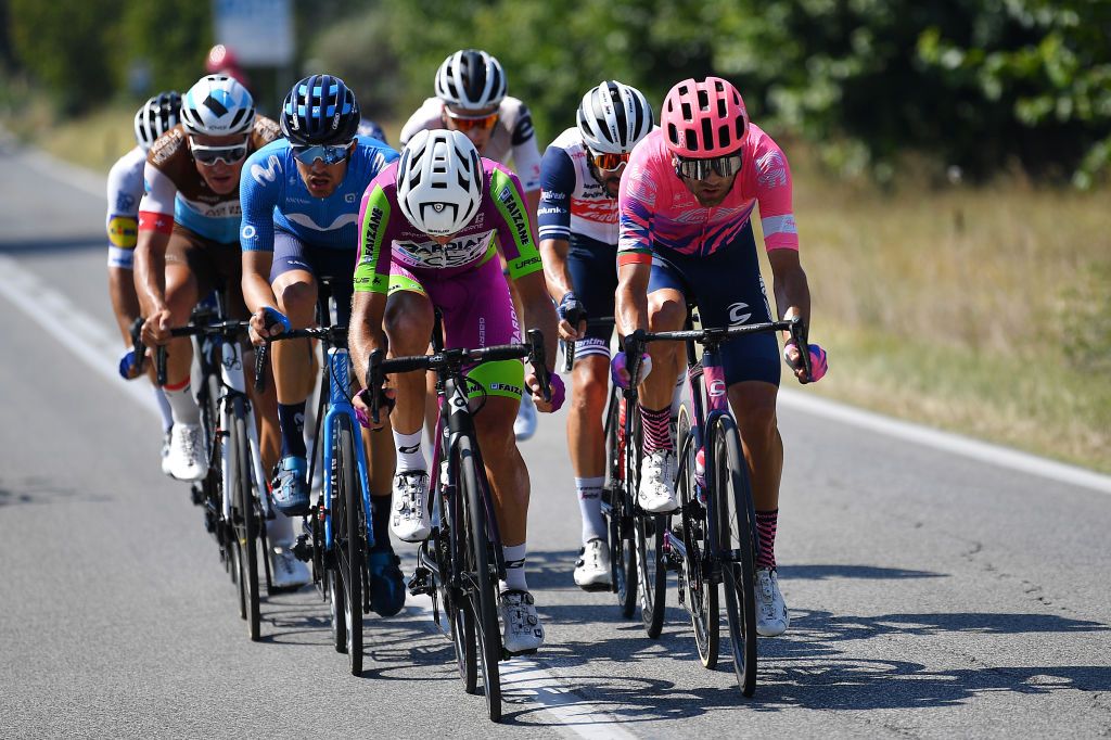 LORETO ITALY SEPTEMBER 13 Alessandro Tonelli of Italy and Team Bardiani CSF Faizane Ruben Guerreiro of Portugal and Team EF Pro Cycling Breakaway during the 55th TirrenoAdriatico 2020 Stage 7 a 181km stage from Pieve Torina to Loreto 114m TirrenAdriatico on September 13 2020 in Loreto Italy Photo by Justin SetterfieldGetty Images