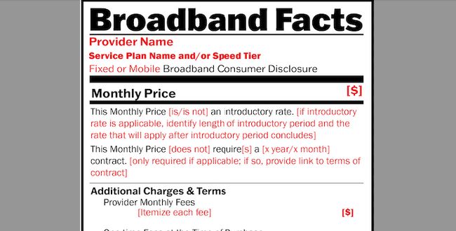 FCC Broadband Nutrition Label