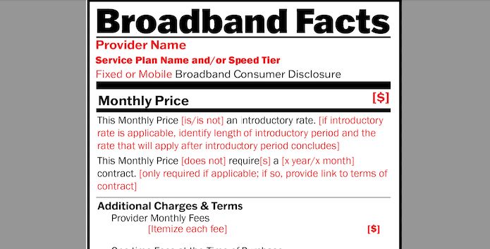 FCC Broadband Nutrition Label