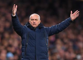 Tottenham manager Jose Mourinho gestures during defeat to RB Leipzig in the Champions League in February 2020.