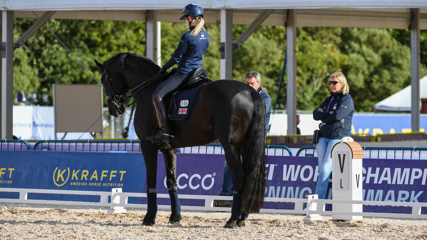 Lottie Fry and Glamourdale during training at the 2022 World Dressage Championships