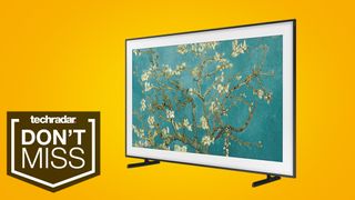 Samsung The Frame TV on a yellow TechRadar deals background