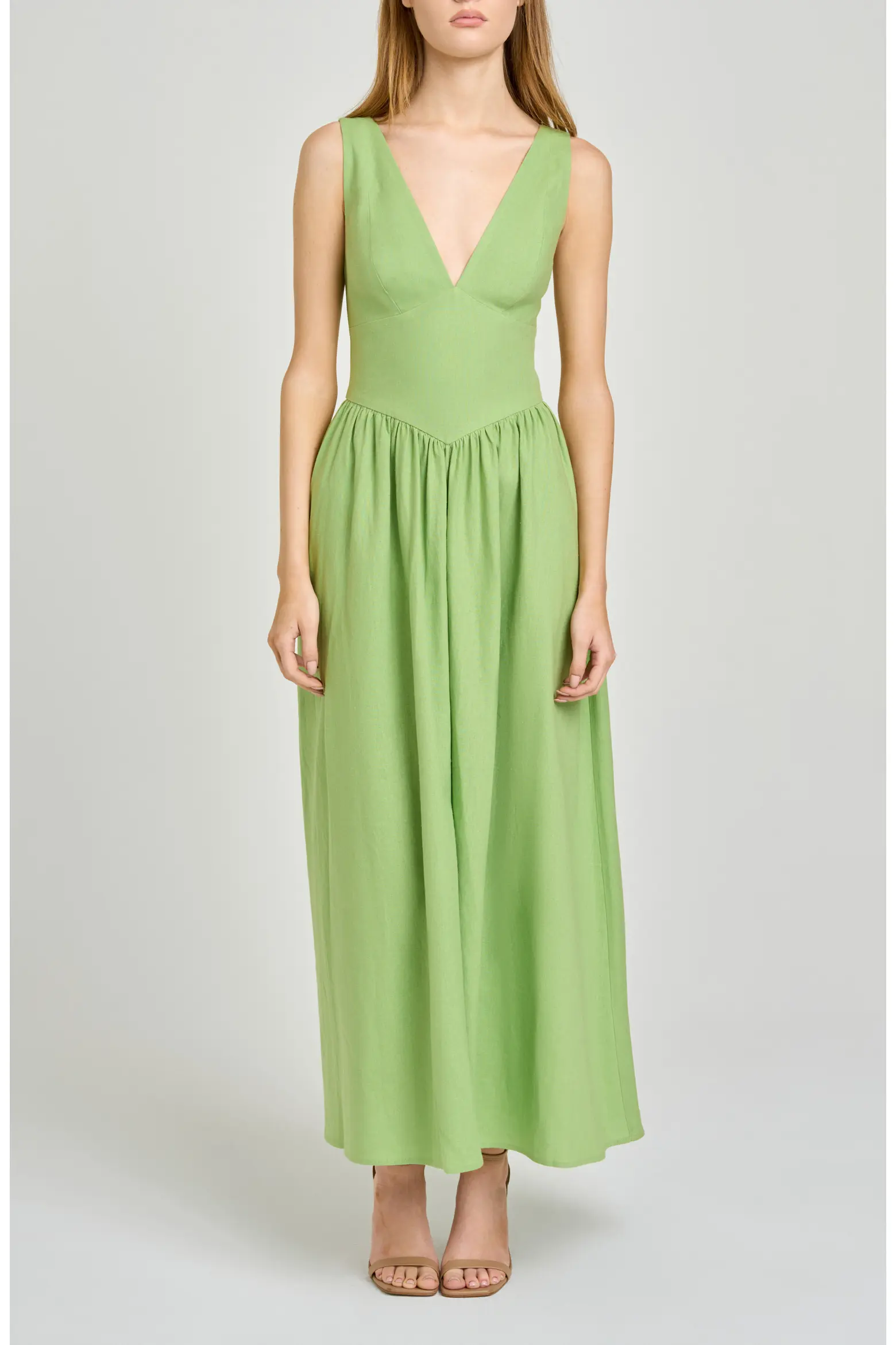 WAYF, Vivia Plunge Neck Drop Waist Midi Dress