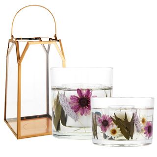 rose gold lantern and floral printed candles