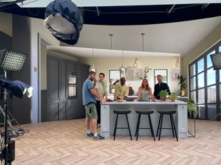 Behind the scenes images of Nick Grimshaw and Kunle Barker's new show on Channel 4 'Project Home' show then in a studio with a couple in a mock make up of their kitchen