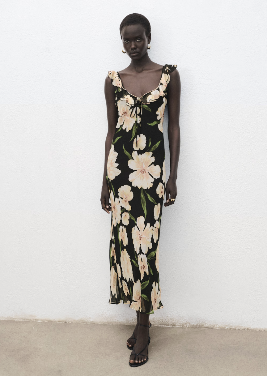 Mango, Floral Print Dress With Ruffle Detail