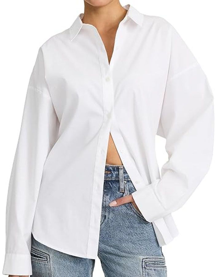 Express Women’s Portofino Shirt – Boyfriend Fit Long Sleeve Button-Up Blouse, Lightweight Crepe, Office-To-Weekend – White