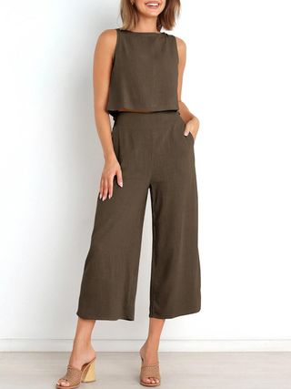 model wears brown two piece tank and wide leg line esque set