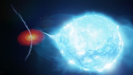 Illustration of a black hole with bent jets pulling stellar material away from a giant blue star