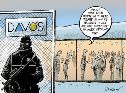 Political cartoon U.S. Trump Davos government shutdown federal workers