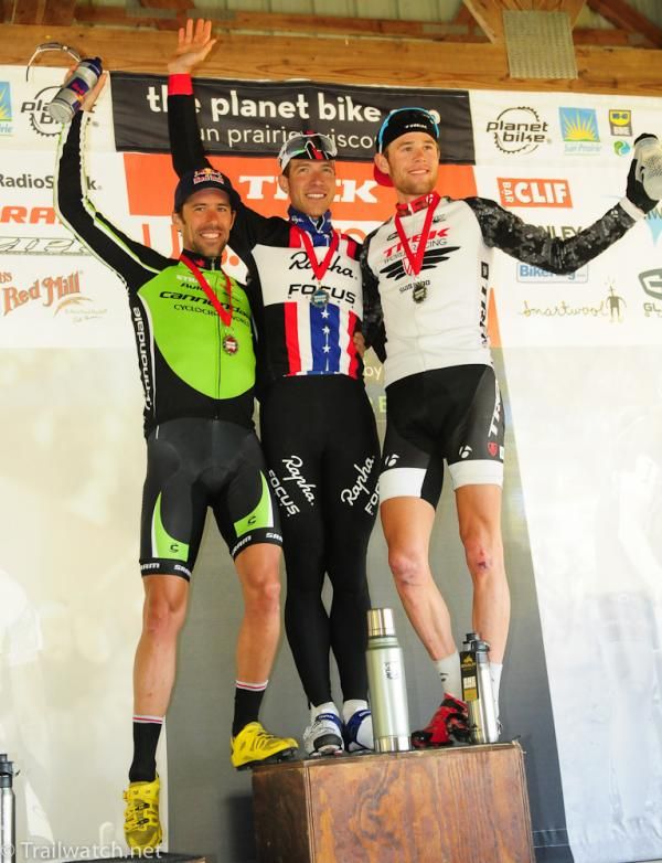 Men&rsquo;s podium (L to R): Tim Johnson (Cannondale p/b Cyclocrossworld), 2nd; Jeremy Powers (Rapha-Focus), 1st; Lukas Fl&uuml;ckiger (Trek World Racing), 3rd