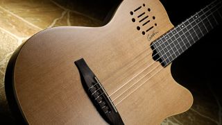 Close up of the body on a Godin MultiAc Nylon electro classical guitar