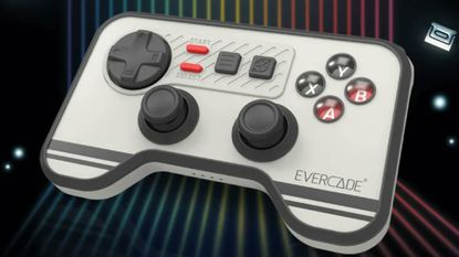 Evercade Wireless Controller with black backdrop and retro rainbow lines.