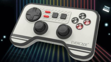 Evercade Wireless Controller with black backdrop and retro rainbow lines.