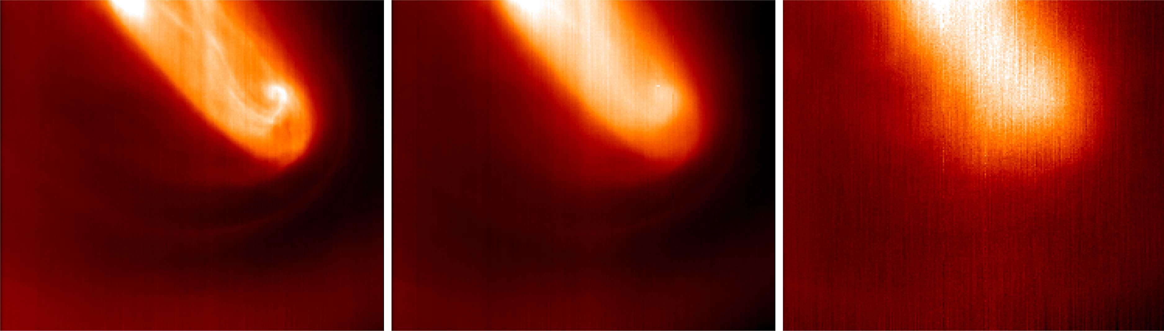 A close-up view of the powerful double-eyed storm over the south pole of Venus.