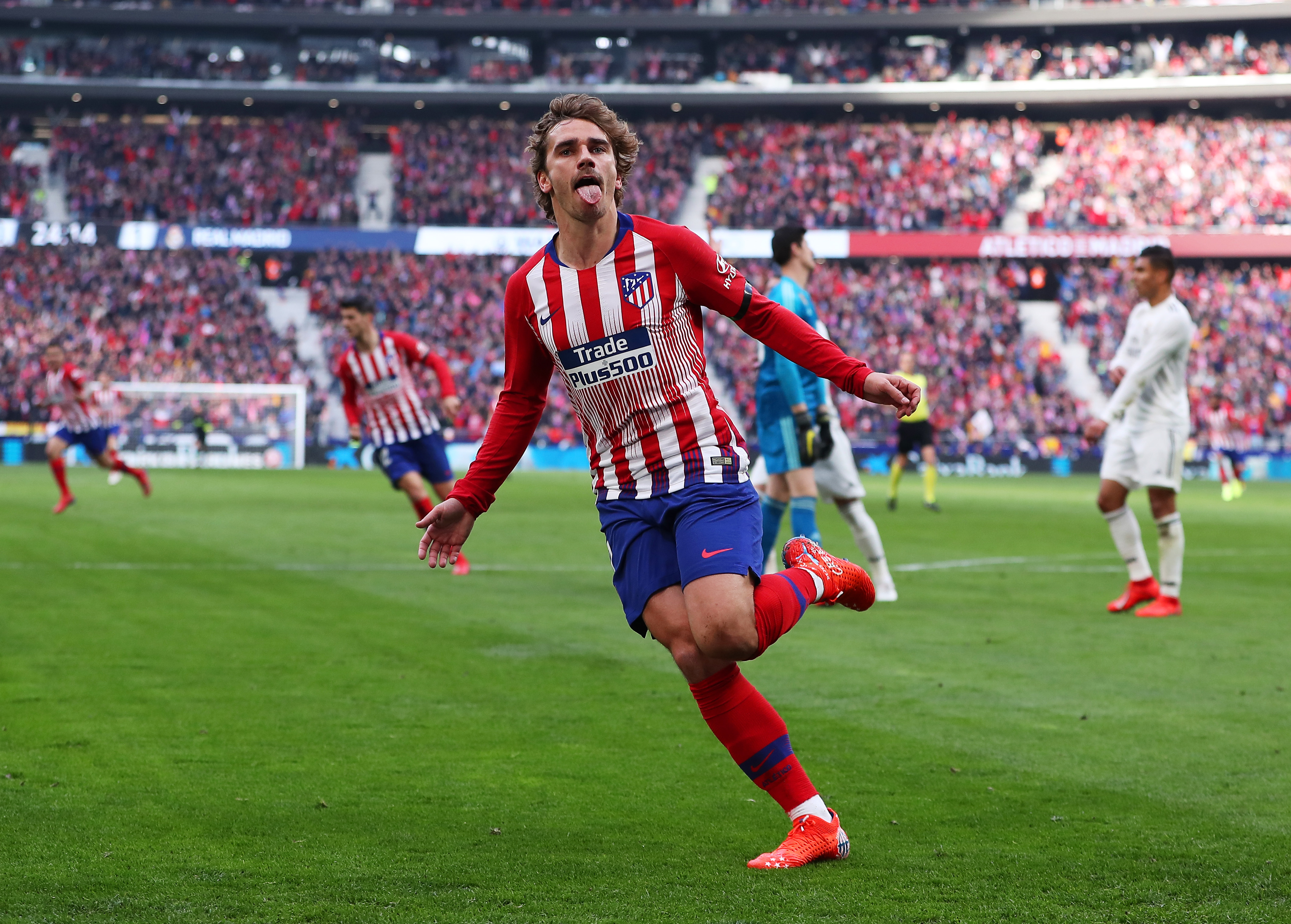 Antoine Griezmann celebrates after scoring for Atletico Madrid against Real Madrid in February 2019.