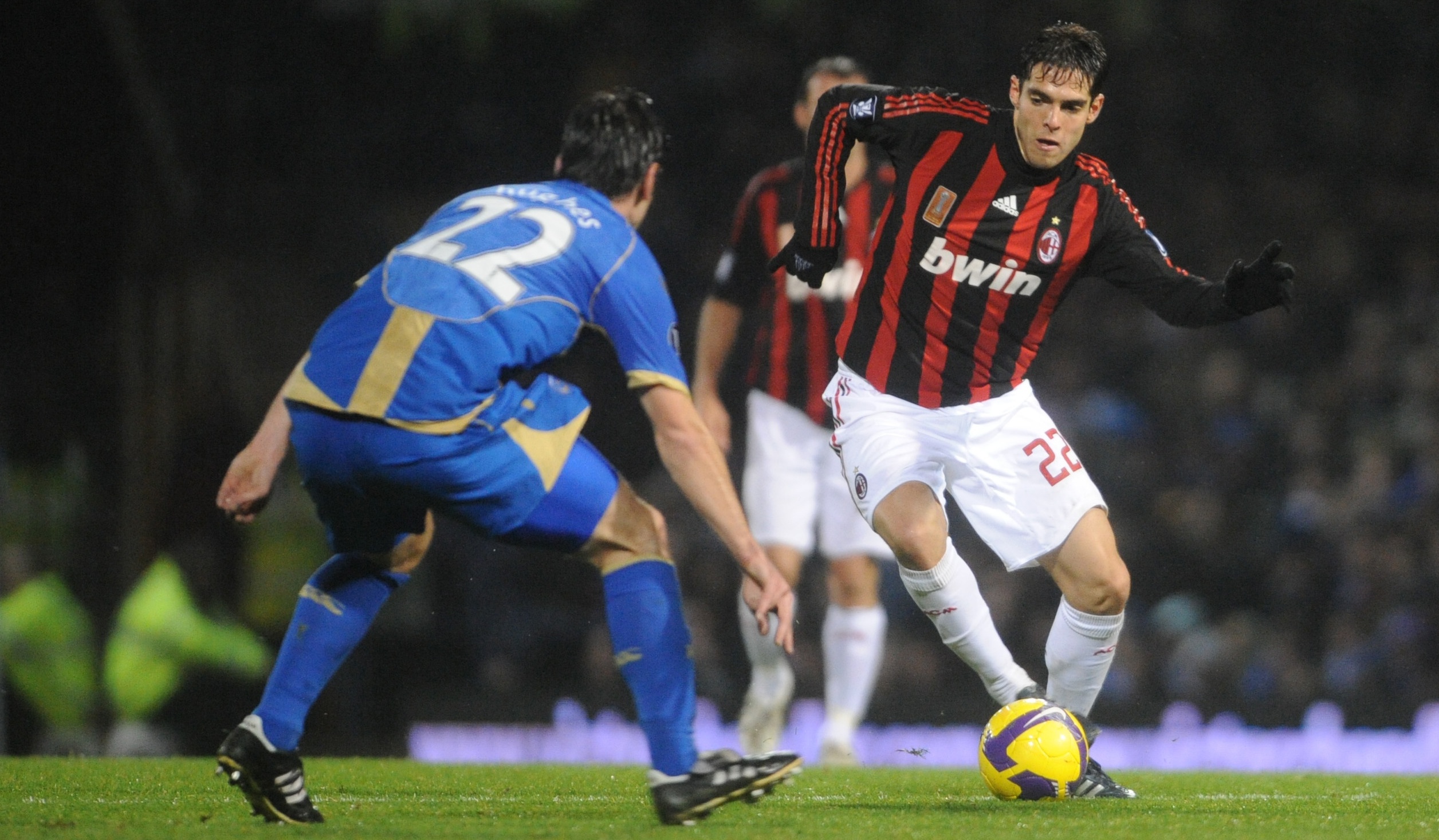 Kaka dribbles the ball during AC Milan's UEFA Cup game against Portsmouth at Fratton Park in November 2008