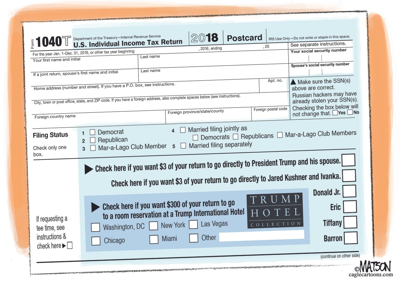 Political Cartoon U.S. Trump tax returns blank 2020 presidential election GOP