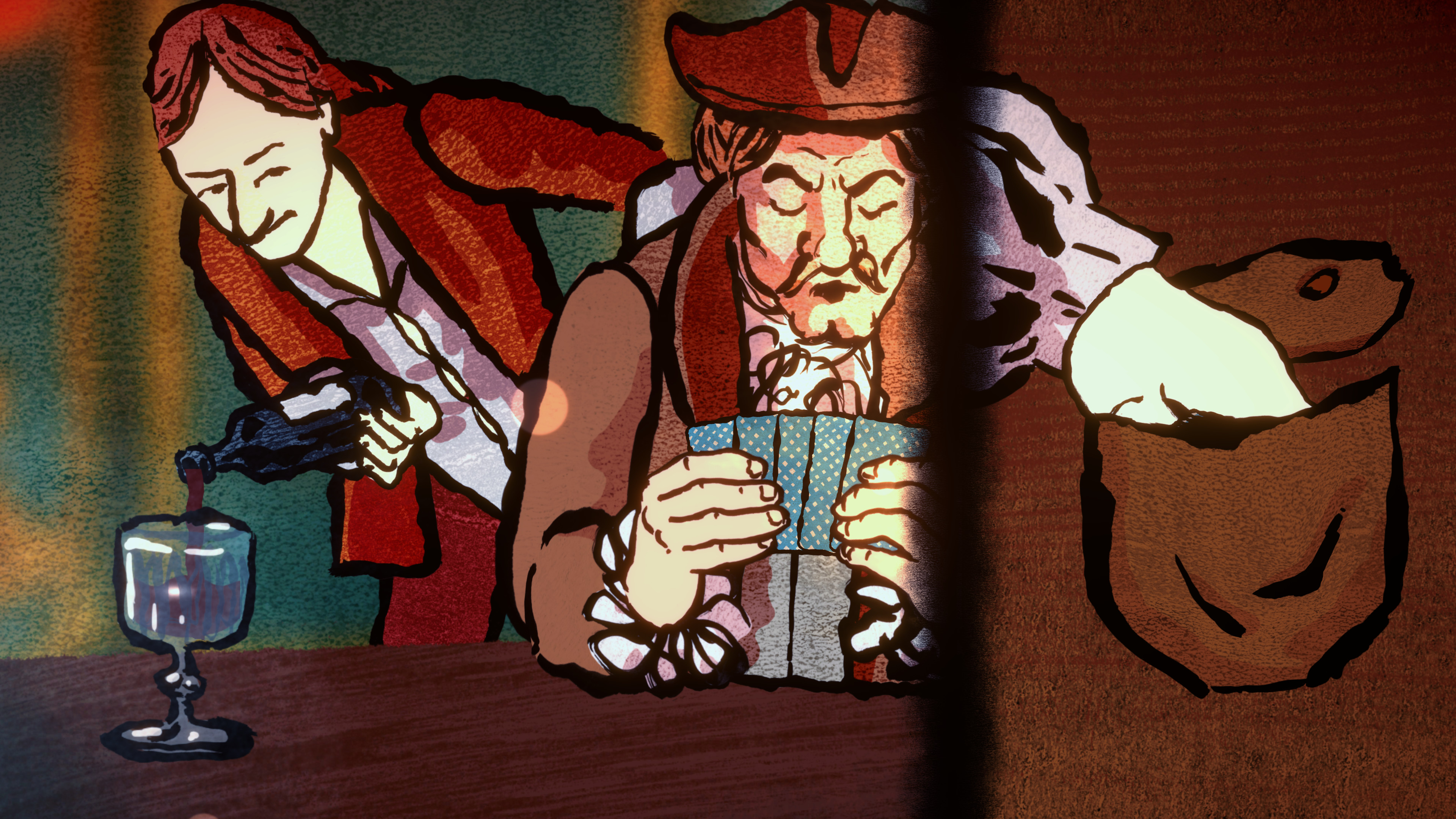 Card Shark's protagonist pouring wine and placing a deck in a person's pocket