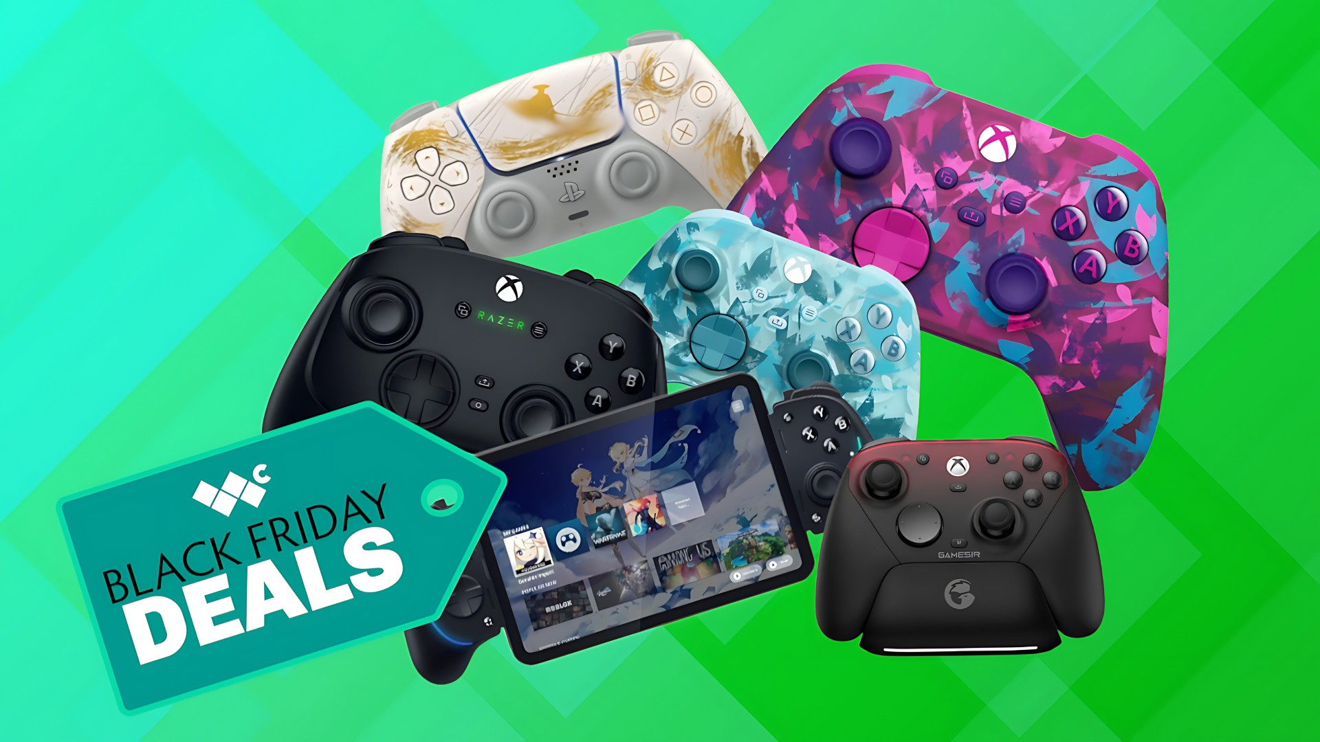 Group of gaming controllers accompanied by text &quot;Black Friday Deals&quot;