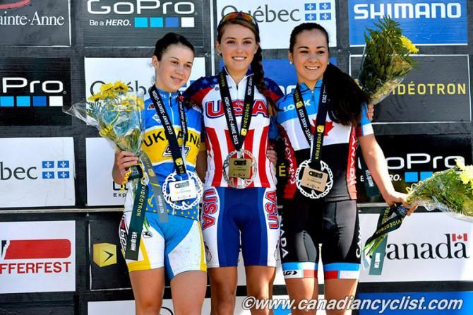 Junior women's Mont-Sainte-Anne podium: Dina Gordiuk, Kate Courtney, Rachel Pageau